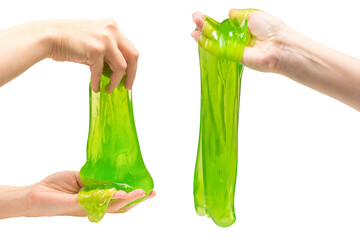 Green slime toy in woman hand isolated on white.