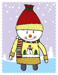 Vector illustration of snowman. Merry Christmas. Sweet cartoon snowman. Postcard and poster.
