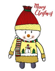 Vector illustration of snowman. Merry Christmas. Sweet cartoon snowman. Postcard and poster.