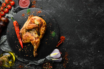 Baked quail, chicken with chili pepper on a black stone plate. Top view, free space for your text....