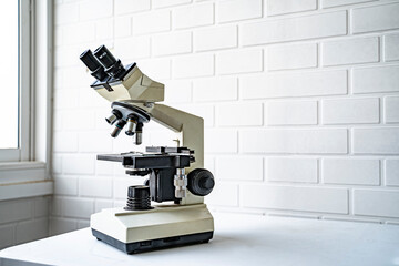laboratory microscope stage and objectives researching corona virus microscopic cells behavior testing vaccination cure, in medical center lab china Wuhan world health organization research facilities