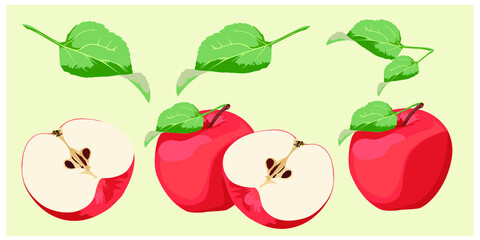 Red apple with half and a few leaves