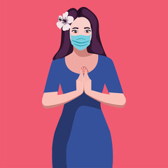 Avatar portrait of Beautiful Tai woman wears medical mask with hands making greeting welcome. Welcome gesture of hands. Epidemic disease concept.