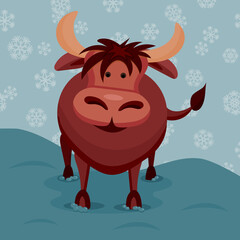 bull in the snow. Vector illustration of a bull on a snowy background. Bull for animation. Brown Cartoon Bull

