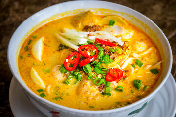 a bowl of laksa rice noodles in mild curry gravy with hard boiled egg bean sprouts, scallions, tofu puffs and fish cake