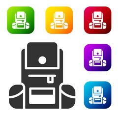 Black Hiking backpack icon isolated on white background. Camping and mountain exploring backpack. Set icons in color square buttons. Vector.