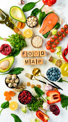 Fototapeta na wymiar Food background. Food map: vegetables, fruits, fish, meat, nuts and other foods. Top view. Free copy space.