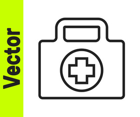 Black line First aid kit icon isolated on white background. Medical box with cross. Medical equipment for emergency. Healthcare concept. Vector Illustration.