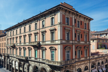 Fototapeta premium Buildings on Independence Street seen from terraces of Montagnola Park in historic part of Bologna city, Italy
