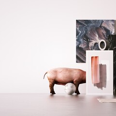 Pair Bold and Abstract Shapes with a Realistic Pig Model in a Modern Composition Room that has White Walls and Glossy Concrete Floors