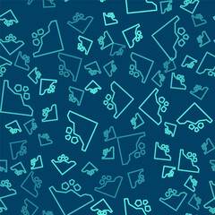 Green line Landslide icon isolated seamless pattern on blue background. Stones fall from the rock. Boulders rolling down a hill. Rockfall. Vector Illustration.