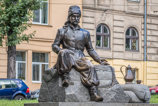 Lviv, Ukraine - June 15, 2017: Jerzy Franciszek Kulczycki sculpture located on Danylo Square near the centre of Lviv Old Town