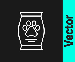 White line Bag of food for dog icon isolated on black background. Dog or cat paw print. Food for animals. Pet food package. Vector.