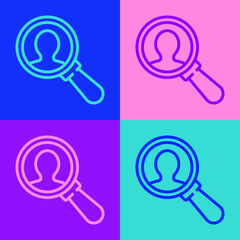 Pop art line Magnifying glass for search a people icon isolated on color background. Recruitment or selection concept. Search for employees and job. Vector.
