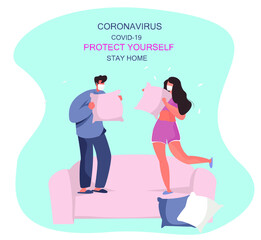 Pillow Fight During Quarantine.Characters in Pajamas.Home Hovel.Pajama party.Tent for Family.Time at Home During Coronavirus.Flat Vector Illustration
