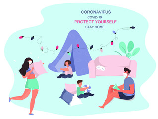 Characters Made Blanket Fortress with Garland in Pajamas.Home Hut.Pajama party.Tent at Home with Pillows For Children and Family.Time at Home During Quarantine.Flat Vector Illustration