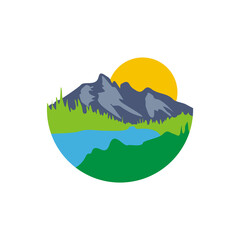 vector landscapes of nature, mountains, trees and lakes