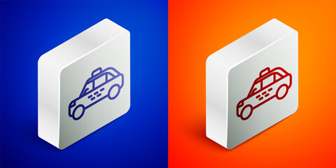 Isometric line Taxi car icon isolated on blue and orange background. Silver square button. Vector.