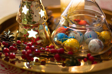 Holiday decor. Christmas and New Year Holidays. Christmas Home Decorating Ideas. Lights, Candles, Branches