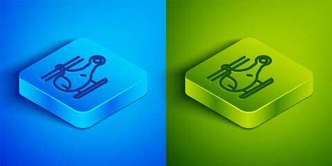 Isometric line Helicopter aircraft vehicle icon isolated on blue and green background. Square button. Vector.