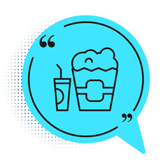 Black line Popcorn in cardboard box and paper glass with drinking straw and water icon isolated on white background. Soda drink glass. Blue speech bubble symbol. Vector.