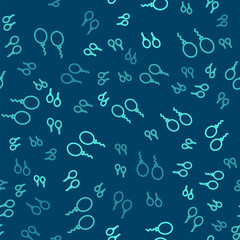 Green line Balloons with ribbons icon isolated seamless pattern on blue background. Vector.