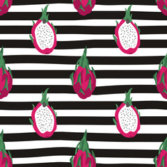 Vector seamless summer pattern with dragon fruits on black and white striped background.