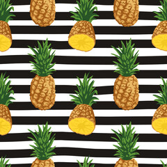 Vector seamless summer pattern with pineapples on black and white striped background.