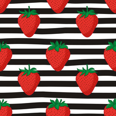 Vector seamless summer pattern with strawberries on black and white striped background.