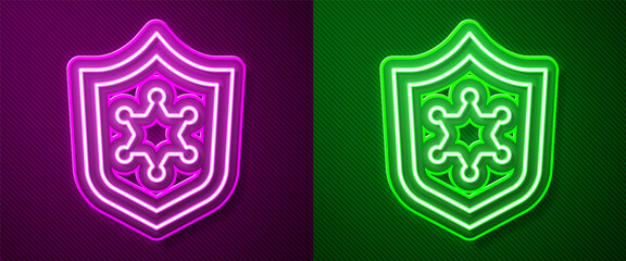Glowing neon line Police badge icon isolated on purple and green background. Sheriff badge sign. Vector.