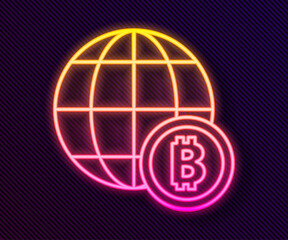 Glowing neon line Globe and cryptocurrency coin Bitcoin icon isolated on black background. Physical bit coin. Blockchain based secure crypto currency. Vector.
