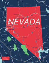 Nevada state detailed editable map with cities and towns, geographic sites, roads, railways, interstates and U.S. highways. Vector EPS-10 file, trending color scheme