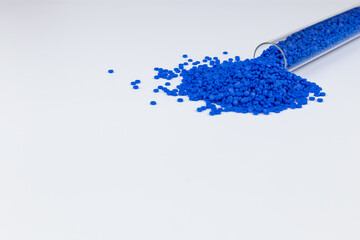 Close-up of plastic polymer granules. hand hold Polymer pellets. polymer plastic. compound polymer.