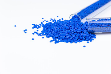 Close-up of plastic polymer granules. hand hold Polymer pellets. polymer plastic. compound polymer.