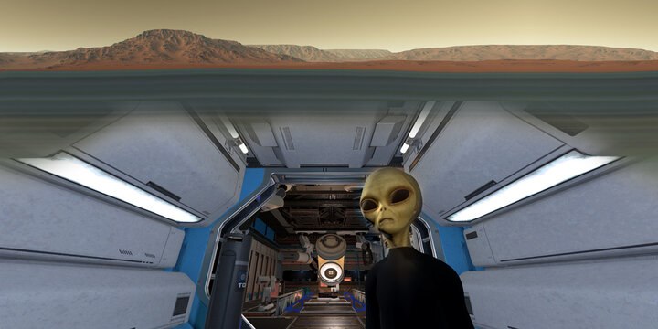 Mars underground station with grey Alien. Extremely detailed and realistic high resolution 3d illustration