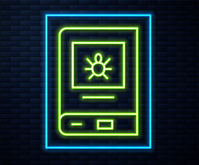Glowing neon line Book about insect icon isolated on brick wall background. Vector.