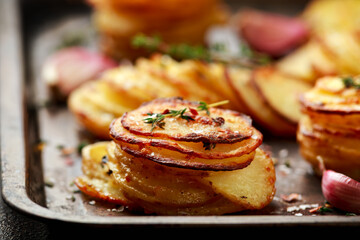 Hot Baked crispy potato stack with parmesan cheese and herbs
