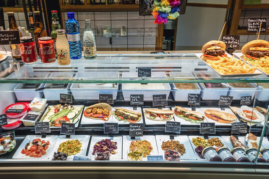 Madrid, Spain - January 22, 2019: Tapas bar in San Anton indoor market in Madrid city