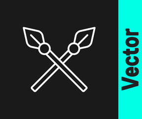 White line Crossed medieval spears icon isolated on black background. Medieval weapon. Vector.