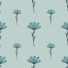 Abstract seamless decor pattern with botanical daisy shapes. Blue palette floral backdrop.