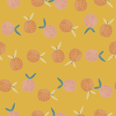 Fresh orange fruit seamless pattern in simple design. Yellow background. Food vitamin backdrop.