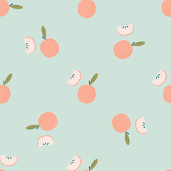 Tender seamless fruit pattern with pink apple elements. Blue light background. Pastel tones artwork.