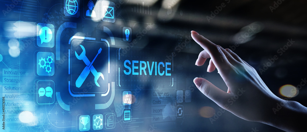 Poster service support customer help call center business technology button on virtual screen.
