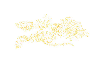 Background plume golden texture crumbs. Gold dust scattering on a white background. Sand particles grain or sand assembled. Vector backdrop dune, pieces abstraction. Illustration grunge for design