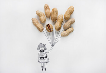 Cartoon of a girl holding real peanuts in her hand like balloons