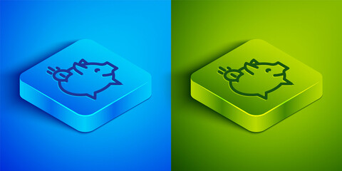 Isometric line Piggy bank with coin icon isolated on blue and green background. Icon saving or accumulation of money, investment. Square button. Vector.