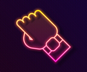 Glowing neon line Smart watch on hand icon isolated on black background. Fitness App concept. Vector.