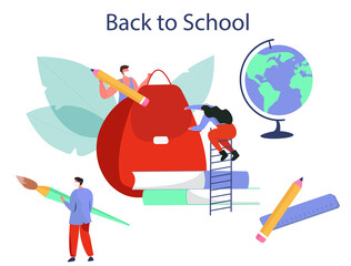 Fototapeta premium Back to School during Quarantine.Backpack, Pencil, Book and Brush.Students Characters Wearing Face Masks with Studying Supplies.Education in Covid19 Pandemic.Social Distancing.Flat Vector Illustration