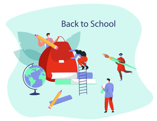 Back to School during Quarantine.Backpack, Pencil, Book and Brush.Students Characters Wearing Face Masks with Studying Supplies.Education in Covid19 Pandemic.Social Distancing.Flat Vector Illustration