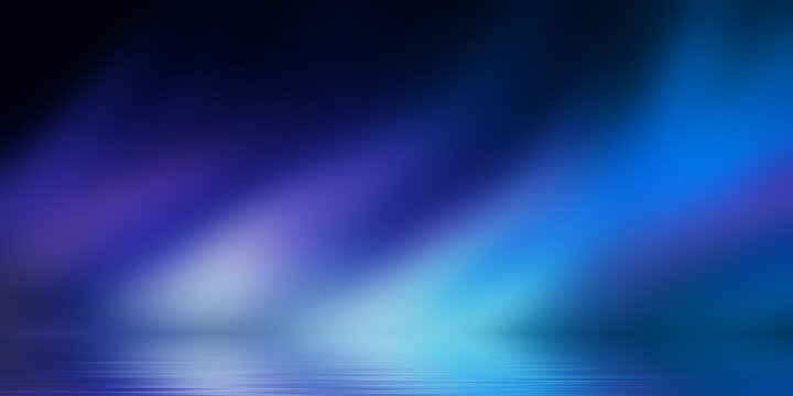 Show empty stage background. Dark abstract background. Reflection of neon light on the water. Beach party. Smoke, fog. 3d illustration